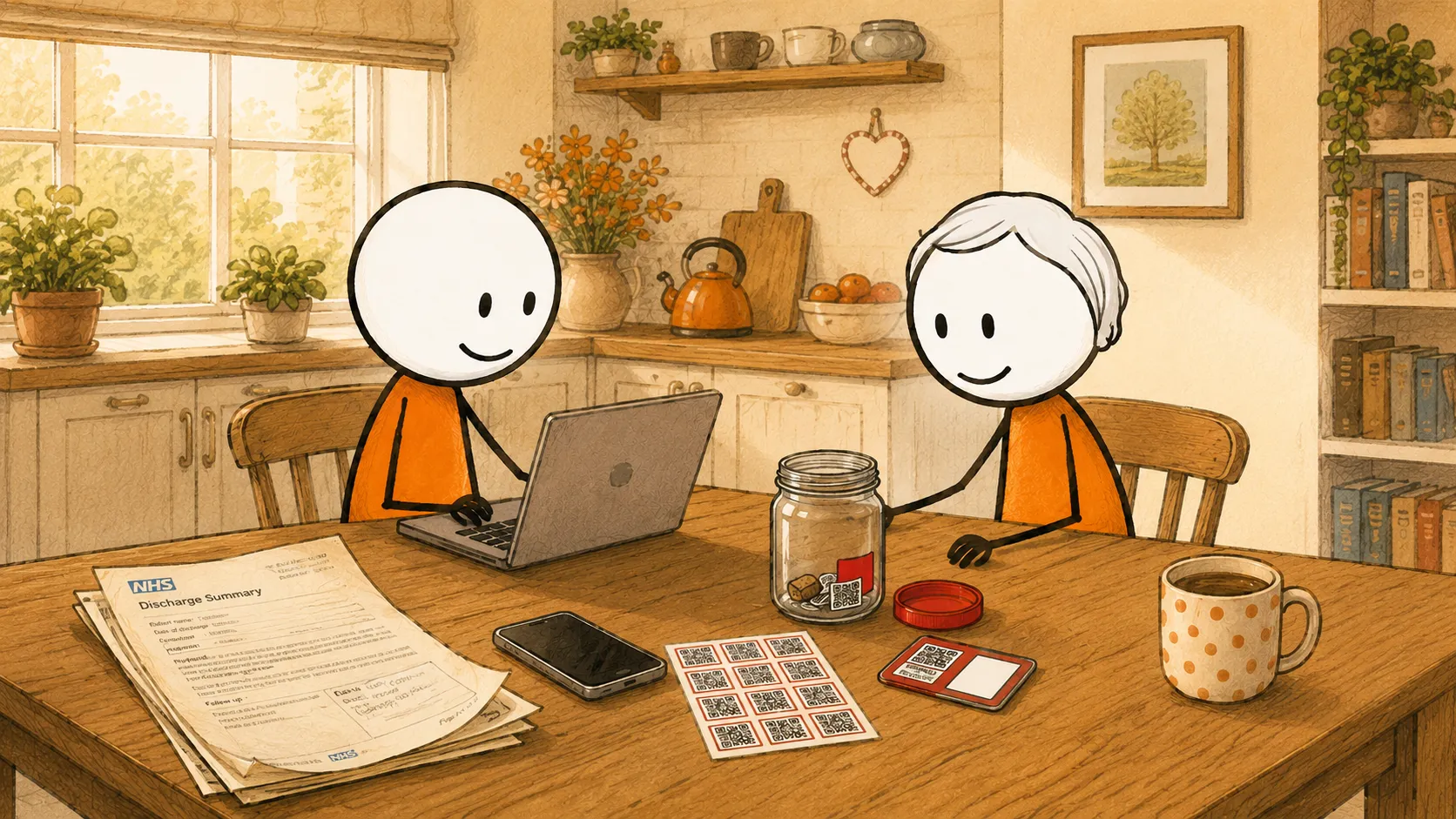A person setting up their ICE Jar QR codes on a laptop at the kitchen table, next to an old NHS discharge summary